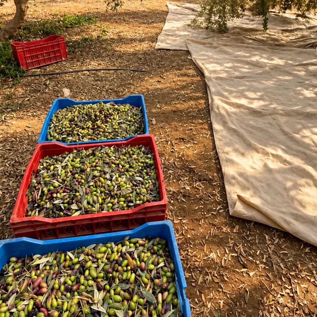 Crates full of freshly picked olives in the grove