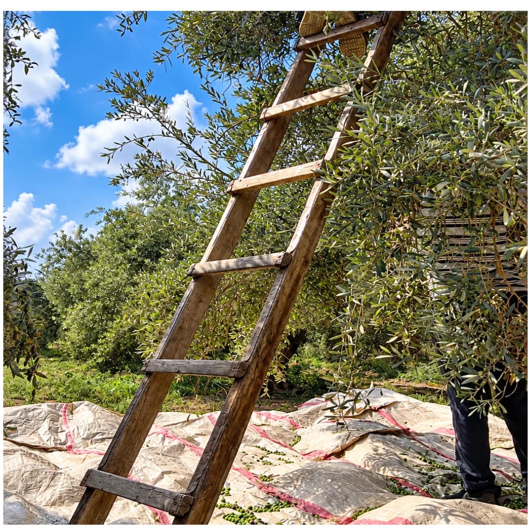 A wooden ladder against an olive tree above the harvest nets